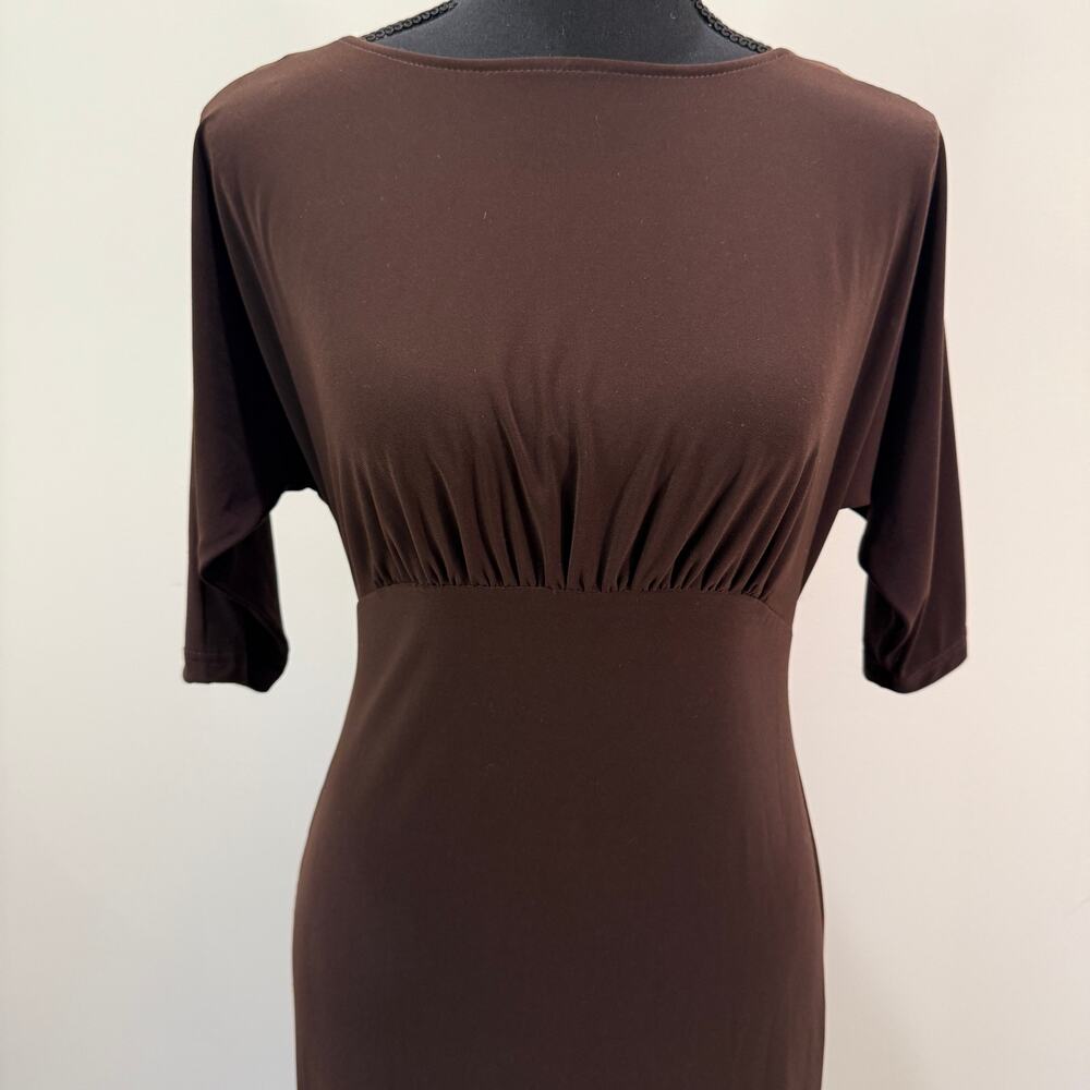 VTG Joseph Ribkoff Dress Size 2 Knee Length Brown Cowl Back Vintage 90s Timeless